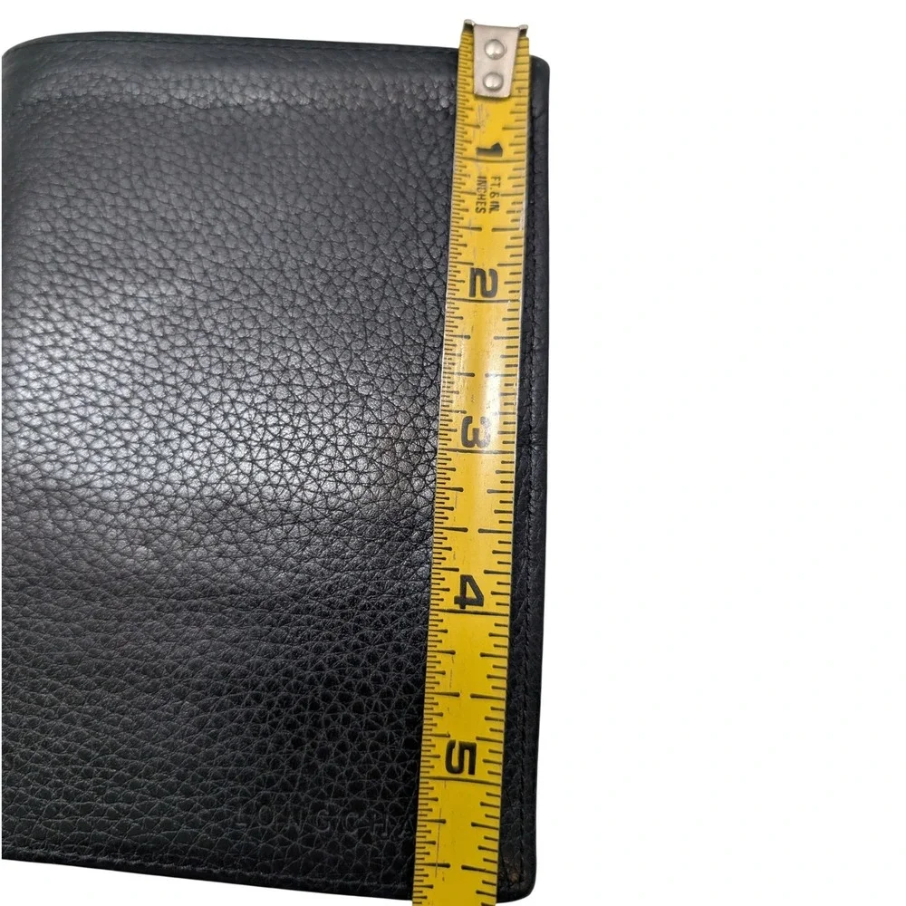 Longchamp Large‎ Mens Black Pebbled Leather Trifold Wallet & Passport w Box